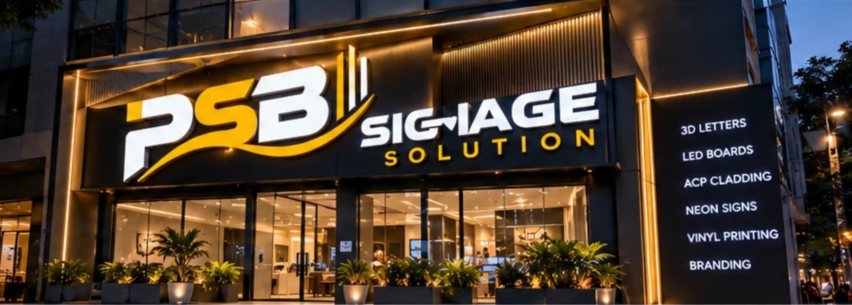 Illuminated shopfront with large 3D LED letter signage at night