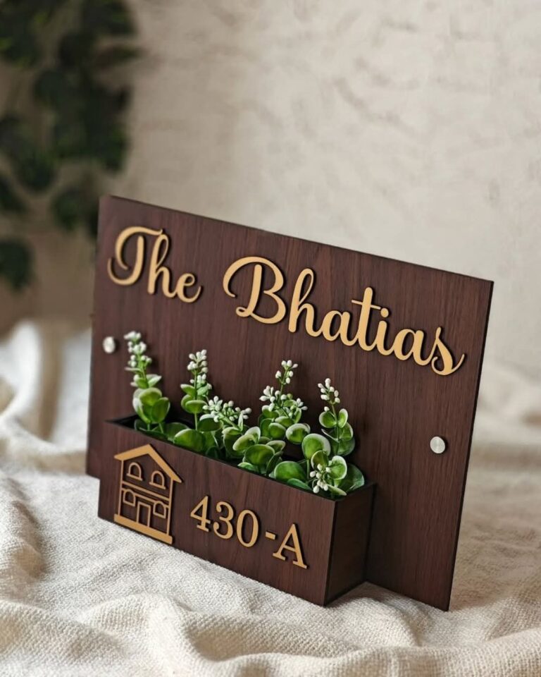 Wooden house name plate with built-in planter