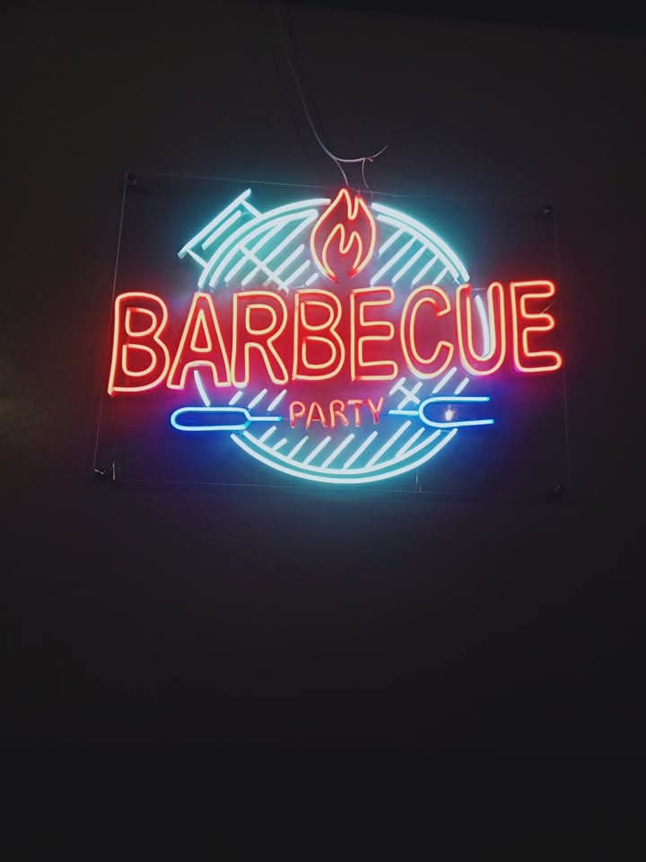Barbecue Party neon sign with grill and flame design